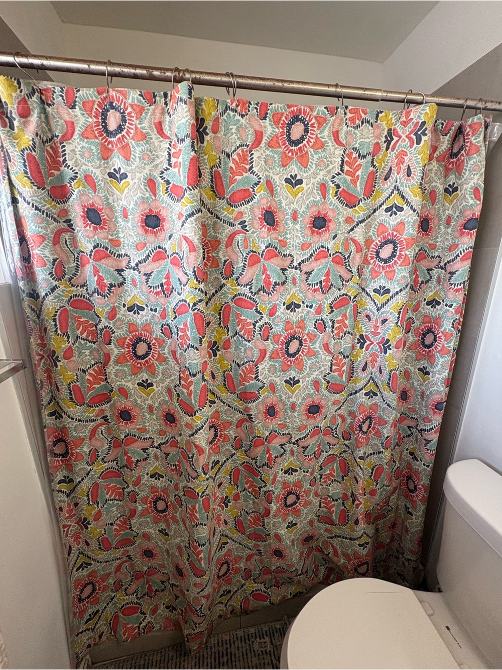 Cost Plus World Market Coral, Yellow & Blue Floral Shower Curtain
